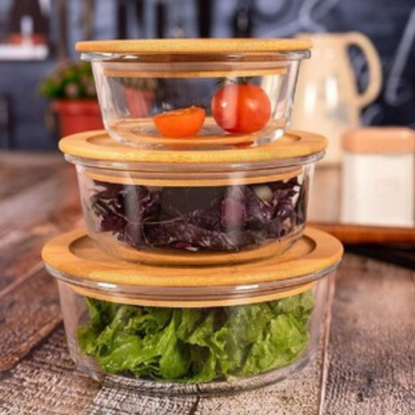 طقم علب تخزين دائرية بغطاء خشبي