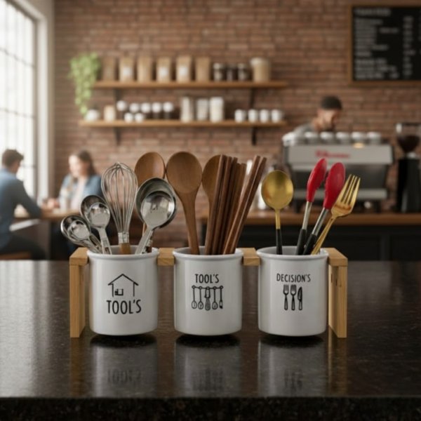 حامل أدوات مائدة سيراميك ثلاثي مع قاعدة خشبية.