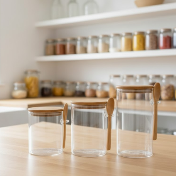 طقم برطمانات زجاجية مع ملاعق خشبية